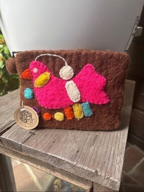 Frida Handmade Felt Pink Bird on Brown Pouch
